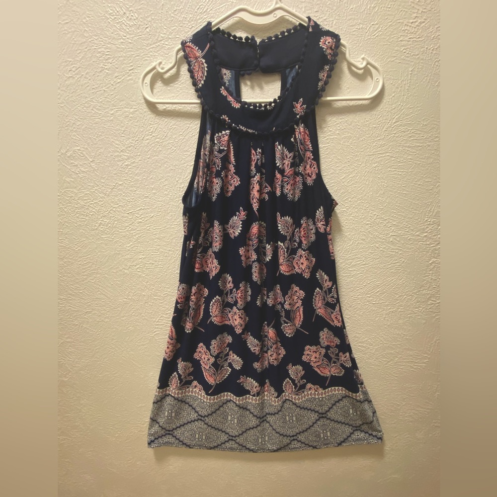 Dark blue mini dress with round neck and keyhole back